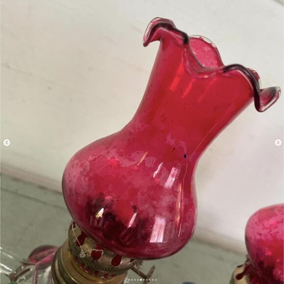 Vintage Glass Oil Lamp Handheld Mini Faceted Bottom Red Top Hong Kong PAIR - Picture 5 of 10